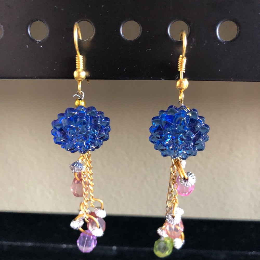 Gold-Plated Blue Floral Drop Earrings with Multicolor Beads